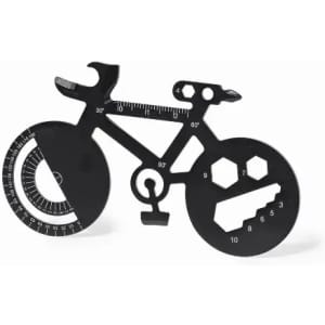 A bicycle-shaped multi-tool in black, featuring various measurements and functions for bike maintenance.