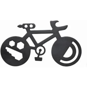 A black metal bike-shaped tool holder featuring various bike-related shapes and designs.