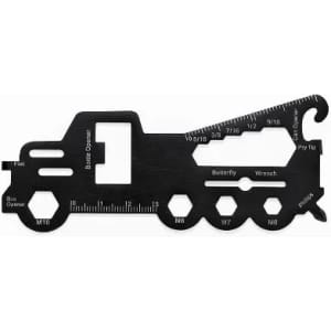 A multi-tool in the shape of a fire truck, featuring a ruler, bottle opener, and various sizes of wrenches.