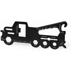 A black multi-tool in the shape of a truck, featuring various measuring and opening functions.