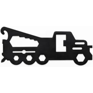A black bottle opener shaped like a truck, featuring a detailed design with various cutouts.
