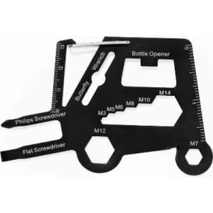 A multi-tool featuring various measurements, a bottle opener, and screwdrivers, displayed in a sleek black design.