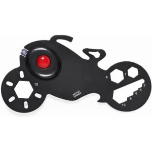 A black multi-tool resembling a motorcycle, featuring various sized hex openings and a red ball for use.