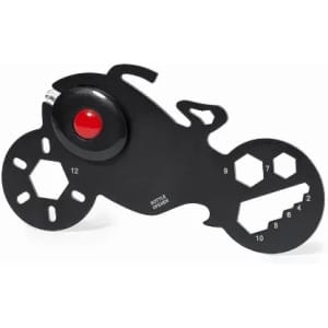 A bottle opener tool shaped like a motorcycle, primarily in black with a red button. Features multiple hexagonal sizes.