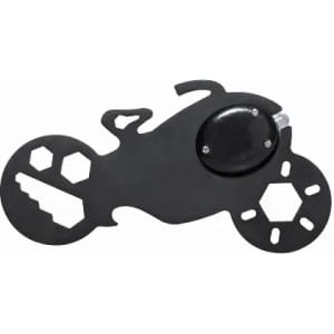 A black multi-tool shaped like a motorcycle with various functions, including wrenches and a bottle opener.