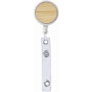 A badge holder featuring a round wooden top and a white retractable cord with a metal clip at the base.