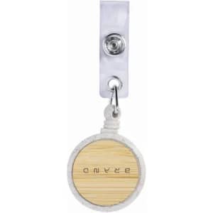 A badge reel with a round, wooden centre and a white strap. Features a circular shape and a logo.