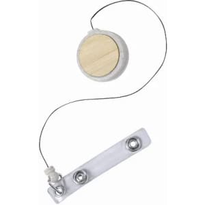 A drink bottle with a round wooden top, attached to a clear plastic base by a thin wire.
