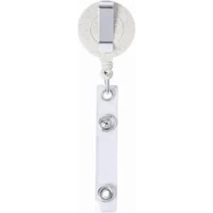A white lanyard with a round clip, featuring a metal connector at the bottom. It has a simple design.