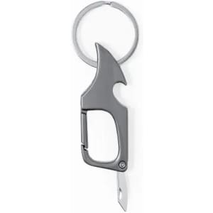 A bottle opener keyring with a sleek grey design, featuring a built-in lever and a metal ring for attachment.
