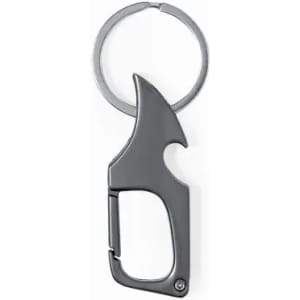 A keychain bottle opener in silver, featuring a sleek design with a loop for attaching to keys.