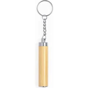 A keychain with a cylindrical charm made of bamboo and silver accents, featuring a chain attachment.