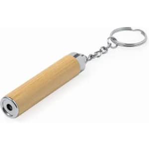 A keychain with a cylindrical design made of bamboo and metal, featuring a chain attachment.
