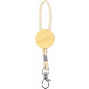 A lanyard with a wooden circular badge and a metal clip, featuring natural tones and a simple design.