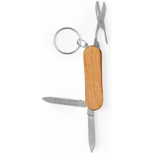 A multi-tool featuring a wooden handle, stainless steel scissors, a knife, and a keyring for attachment.