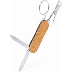 A multi-tool with a wooden handle, featuring a knife, scissors, and a keyring attachment.