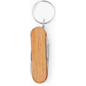 A keychain multi-tool featuring a wooden handle and metal elements, designed for portability and convenience.