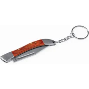 A keychain knife featuring a silver metal blade and a wooden handle, attached to a keyring.