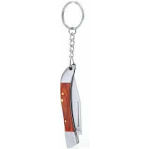 A keychain in the shape of a foldable knife, featuring a wooden handle and a silver blade.
