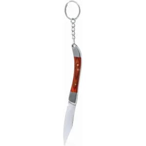 A keychain featuring a small knife with a wooden handle and a shiny silver blade. It has a metal loop for attachment.