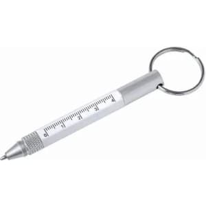 A silver keychain pen with a ruler printed on it, featuring a textured grip and a key ring attachment.