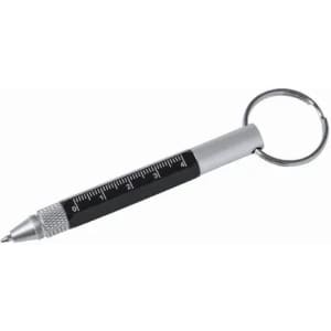 A black and silver pen with a keyring attachment and a ruler printed along its side.