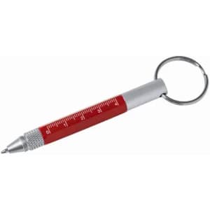 A red and silver pen with a keyring attachment and a measuring scale along its side.