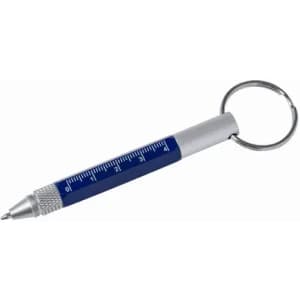 A blue pen with a silver keyring attachment, featuring a ruler along its side.