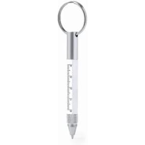 A keyring pen with a silver and white design featuring a ruler along its length.