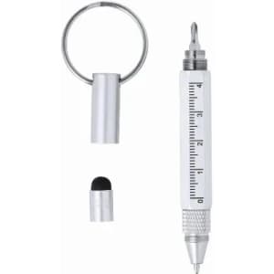 A silver pen with a ruler and a cap, accompanied by a keyring. The pen features a black stylus tip.