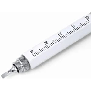 A white measuring spoon with a metallic scoop end, featuring measurement markings along its length.