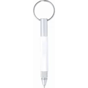 A keychain pen with a white barrel and silver accents, featuring a circular metal ring for attachment.