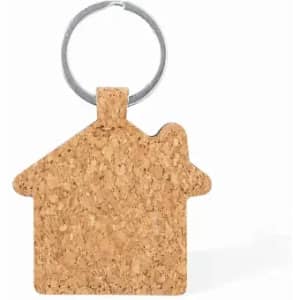 A keyring shaped like a house made of cork, featuring a metal loop for attachment.