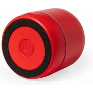 A drink bottle in vibrant red with a black base, featuring a circular design and a branding logo.