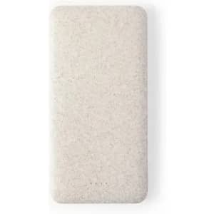 A mobile phone power bank in a light beige colour with a smooth finish and a minimalist design.