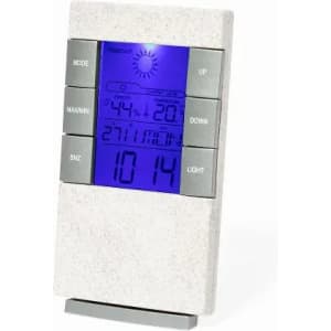 A digital weather station with a grey body and blue display, showing temperature, humidity, and time.