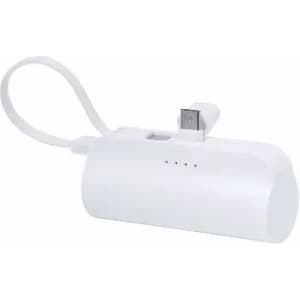 A portable charging device in white, with a connector and indicator lights, features a loop for easy carrying.