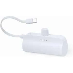 A white portable charger with a built-in USB-C cable and indicator lights. It has a sleek, modern design.