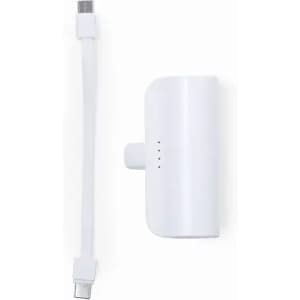 A white charging device with a cable, featuring indicator lights for battery status. It has a simple design.