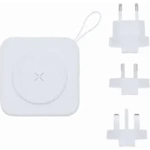 A wireless charger in white, accompanied by three interchangeable plug adapters for different regions.