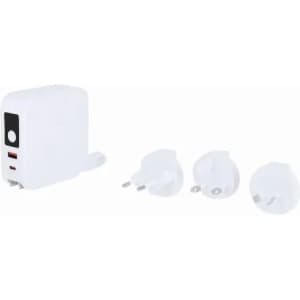 A white charger with two USB ports and three interchangeable plug adapters. It features a compact design for travel.