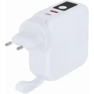 A white power adapter with two prongs and a cable. It features a button and a small LED light.