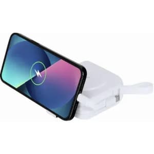 A wireless phone charger in white, featuring a compact design with a charging pad and a cable attachment.