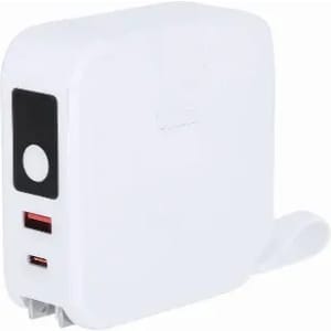 A white power adapter with two USB ports and a retractable plug, featuring a small branding logo.