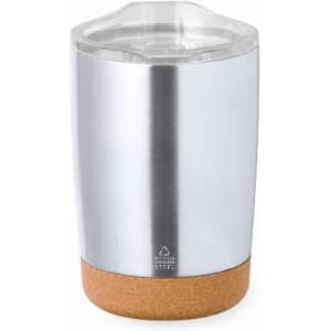A drink bottle with a sleek silver stainless steel body and a cork base, featuring a clear lid.