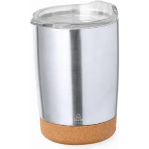A drink bottle featuring a sleek silver stainless steel body with a cork base and a clear lid.