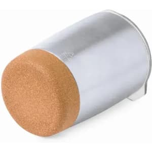 A drink bottle with a silver metallic body and a cork-like base, featuring a small logo.
