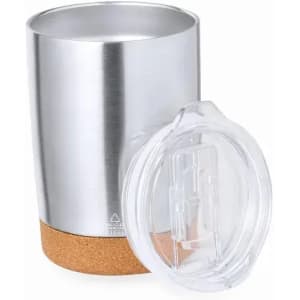 A drink bottle featuring a stainless steel body, a cork base, and a clear, removable lid.
