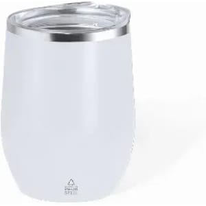 A drink bottle in white with a silver rim and a clear lid, featuring a branded logo.