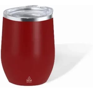 A drink bottle in dark red, featuring a stainless steel design and a clear, fitted lid. It has a logo on the front.